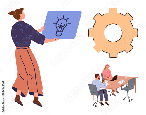 Woman holding board with lightbulb concept, team collaborating at table, large gear symbol. Ideal for teamwork, brainstorming, productivity, innovation, problem-solving strategy workflow. Simple
