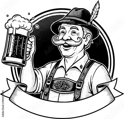 vintage beer man illustration holding beer mug with mustache and traditional outfit for brewery logo, oktoberfest design, pub branding, label, poster, and packaging
