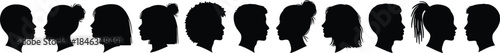Human face profile silhouette vector collection, diverse men and women head side views, black people portraits set, hairstyle variety isolated on white background