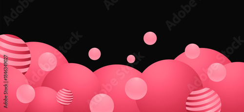 Abstract bubble ball banner background with pink and black contrast. Retro style floating circle pop art.