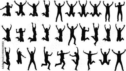 Jumping people silhouette vector collection, men and women celebrating with raised hands poses, energetic action figures set, black human shapes isolated on white background
