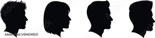 Male and female head profile silhouette vector set, human face side view icons, black minimalist portrait illustrations isolated on white background
