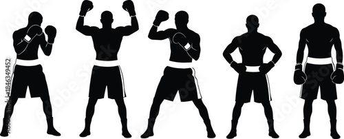 Boxer silhouettes in multiple fighting poses, training stances, athletic figures demonstrating strength, combat readiness, sports action, boxing illustration collection