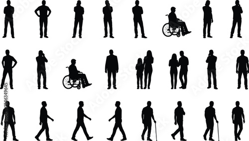 People silhouette vector collection, men standing walking and social poses, wheelchair and senior figures included, black human characters isolated on white background illustration
