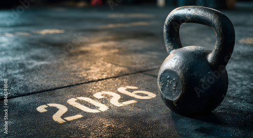 Black kettlebell placed on a dark gym mat with the year 2026 stenciled on it under dramatic lighting. New year fitness resolution and strength training