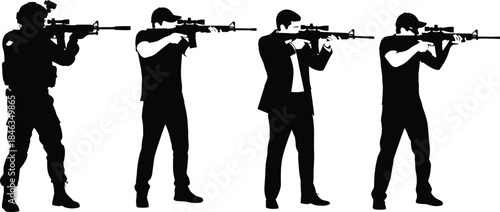 Silhouettes of armed men aiming rifles, tactical soldier and civilians, shooter poses, weapon training illustration for security, military, defense concepts