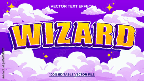 Magical wizard text effect with purple clouds and stars
