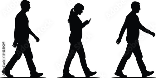 Walking people silhouette vector illustration, man and woman pedestrian side view poses, smartphone usage concept, black human figures isolated on white background