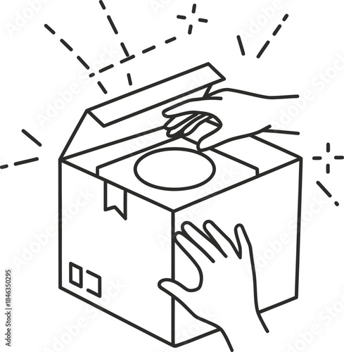 A hand opening a box with a surprise isolated on transparent background