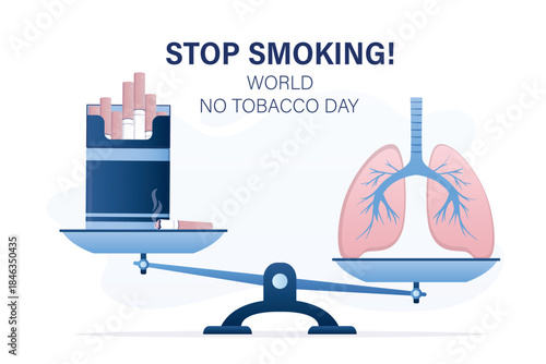 Stop smoking, motivation banner. Scales with cigarettes package and healthy lungs, choice between health and nicotine. Quit smoking addiction. Bad habits, tobacco dependence.