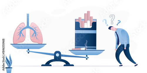 Scales with cigarettes package and healthy lungs, male character make choice between health and nicotine. Smoking addiction. Unhappy smoker. Bad habits, tobacco dependence.