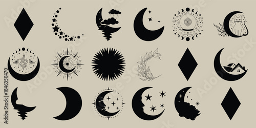 Black and white esoteric symbols collection with moons suns stars and mystical monochrome