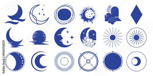 Blue celestial collection with moons suns and geometric symbols