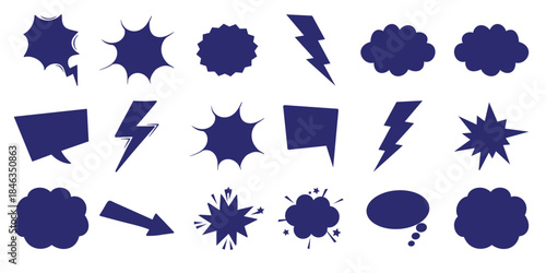 Blue comic style speech bubbles and impact symbols white