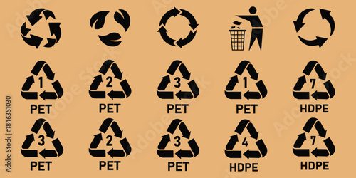 Plastic recycle code icon set with name label in black green color vector reuse sign for industrial use. 1 to 7, PET, HDPE, PVC, PP, PS, other types