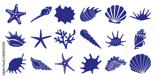 Blue Marine Life and Sea Creatures Silhouettes Collection White ocean