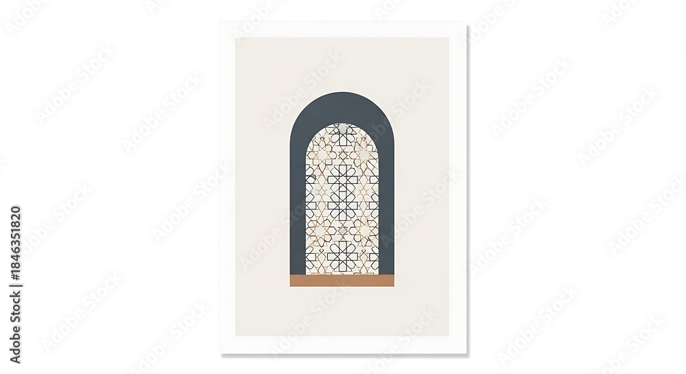 Fototapeta premium Elegant arched window with intricate geometric pattern, evoking tranquility and architectural beauty.