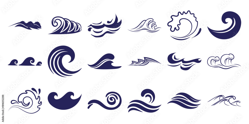 Fototapeta premium Collection of stylized deep blue wave white waves iconography