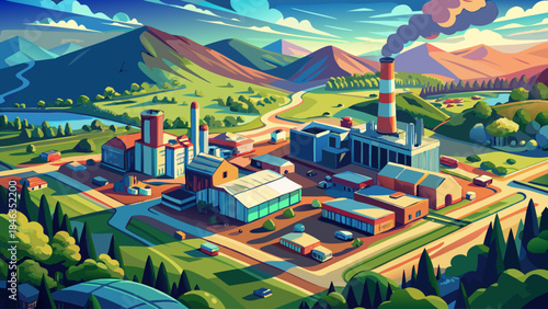 Very beautiful aerial view of an industrial power plant in Poca, West Virginia, featuring tall smokestacks and cooling structures, surrounded by landscape, blending industry and environment in vector 