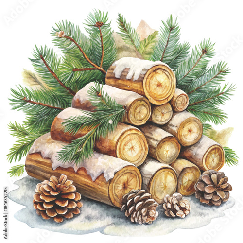 still life of stacked firewood logs covered in snow Watercolor white background
