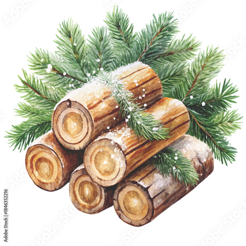 still life of stacked firewood logs covered in snow Watercolor white background