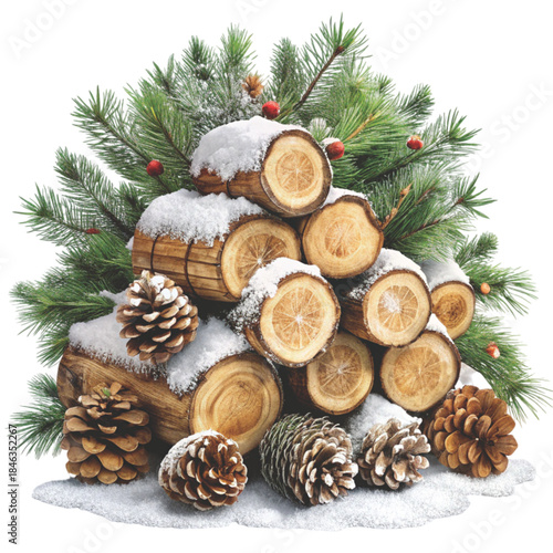 still life of stacked firewood logs covered in snow Watercolor white background