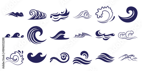 Collection of stylized deep blue wave white waves iconography