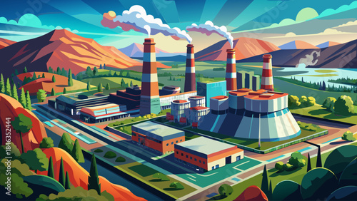 Very beautiful aerial view of an industrial power plant in Poca, West Virginia, featuring tall smokestacks and cooling structures, surrounded by landscape, blending industry and environment in vector 