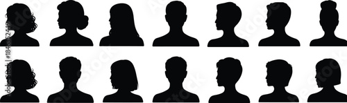 People profile avatar silhouettes collection, male and female side view heads, anonymous users, black flat vector icon set