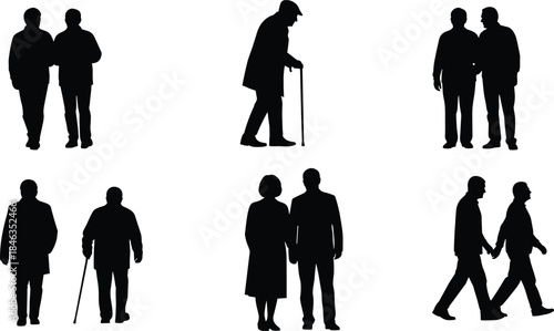 People silhouettes collection showing walking elderly couples and social interaction isolated on white background, human figures illustration vector set