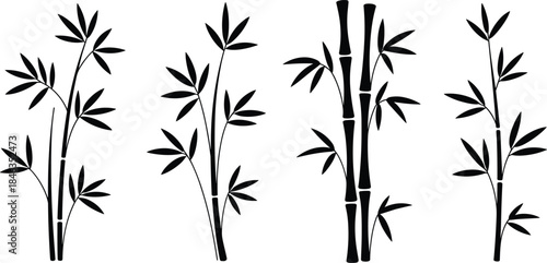 Elegant bamboo silhouettes, natural botanical illustration, minimalist plant design, Asian-inspired foliage art, black bamboo stems, serene decorative elements