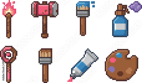 Pixel art creative tools icons set featuring brushes hammer torch paint palette spray bottle for game ui design