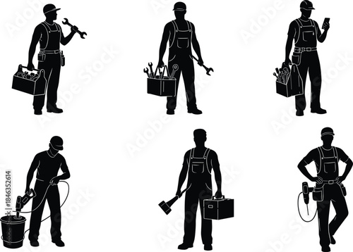 Professional worker silhouettes collection featuring mechanics technicians and repairmen with tools isolated on white background, industrial labor vector illustration set