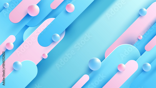 Modern abstract background with vibrant geometric shapes, pastel blue and pink spheres, and dynamic overlapping 3D papercut elements for contemporary graphic design