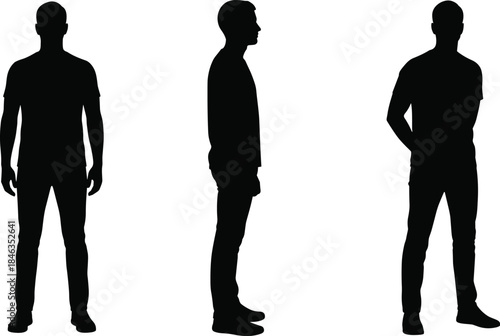 Standing man silhouette poses, front side and back views, anonymous male human figure, black minimal flat vector illustration set