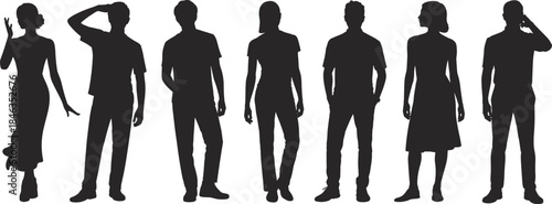 Standing people silhouettes collection, diverse men and women poses, anonymous human figures, black flat vector illustration isolated set