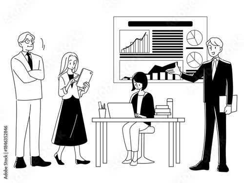 Monochrome Business Team Presentation with Charts – Four People, 20s 30s