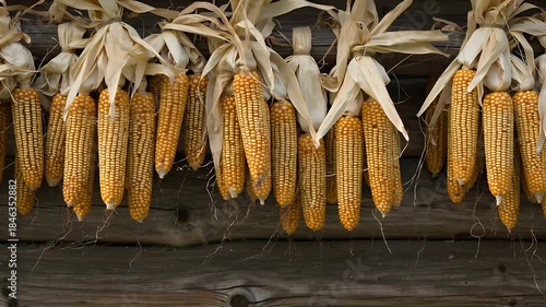 Rows of sunlit dried corn cobs hanging from a weathered wooden barn wall in harvest season