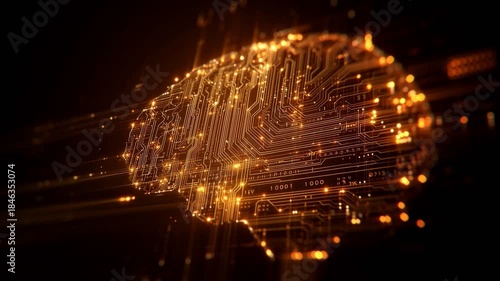 Abstract video of golden circuit board lines forming a brain shape on black background, warm technology symbol of artificial intelligence AI and digital innovation