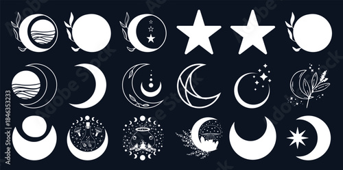 Monochrome celestial and mystical symbols collection dark moon crescent