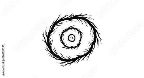 Abstract spiral of dark branches creates a mesmerizing, hypnotic effect on a white background.