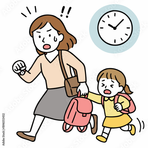 保育園の送迎で遅刻しそうで焦るママと女の子（8時・登園・急ぐ）手描き風シンプルイラスト