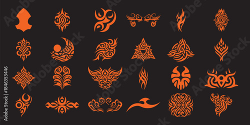 Orange tribal style symbols black abstract