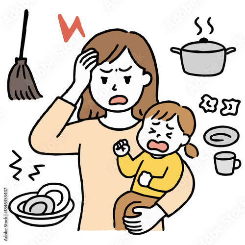 家事と育児に追われてイライラするママ（泣く子ども・掃除・料理・皿洗い）手描き風シンプルイラスト