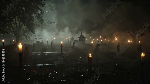 Moonlit cemetery at midnight with torches, fog, and ghostly silhouettes