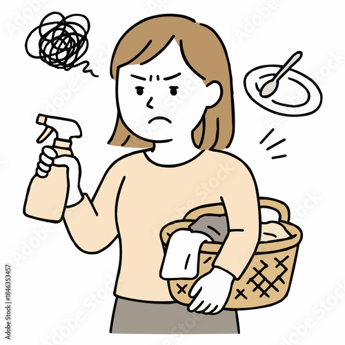 家事育児の負担でイライラするママ（洗濯・掃除・皿洗い） 手描き風シンプルイラスト