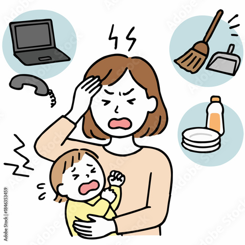 家事・育児・仕事に追われてイライラするワーキングマザー（在宅ワーク/電話/掃除）手描き風イラスト