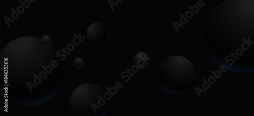 Creative black abstract background for posters featuring many dark balls or bubbles with a hint of bluish light. Luxury and professional cover for promotion, web header, and black friday concept,
