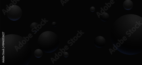 Dark abstract background with floating black 3D sphere pattern with a little bluish glowing light.