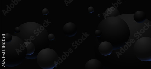 Dark abstract background with floating black 3D sphere pattern with a little bluish glowing light.